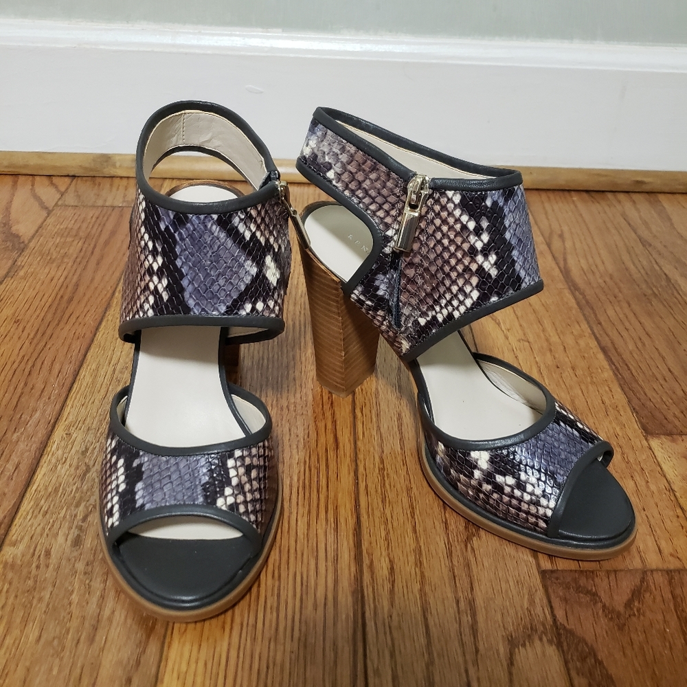 Kenneth Cole Leather Snakeskin Print Ankle Strap Peep Toe Sandal Heels